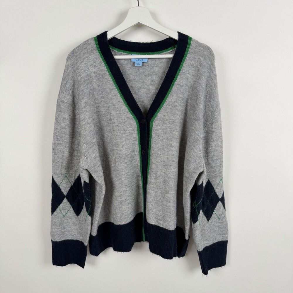 CeCe Argyle Cardigan Sweater Womens XL Gray V-Neck Button Front Preppy Academia